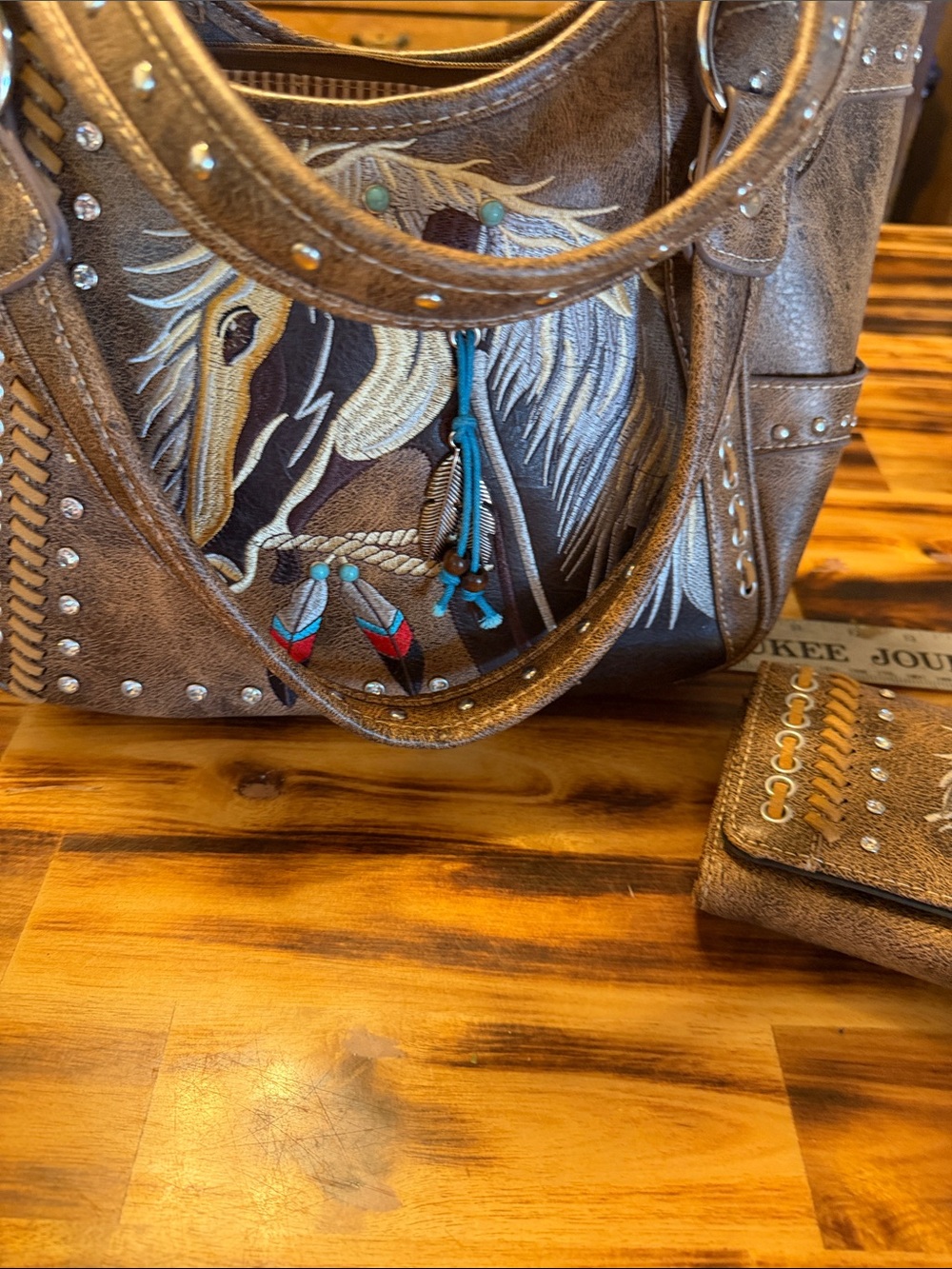 Brown Embroidered Horse Shoulder Bag with Wristlet - Picture 2 of 10